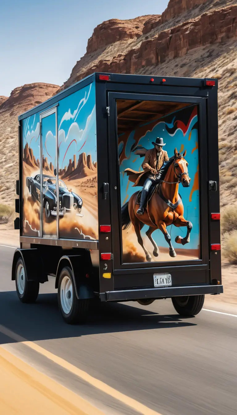 Heckwandbild eines Cowboys, der durch Wüstensand rast