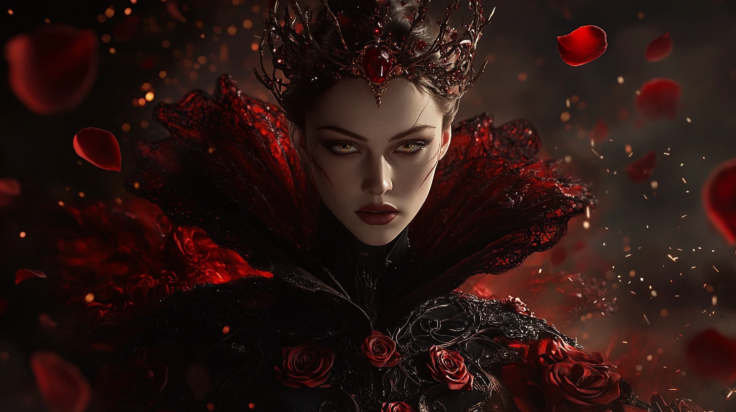Majestosa rainha sombria em luxuoso veludo carmesim e preto