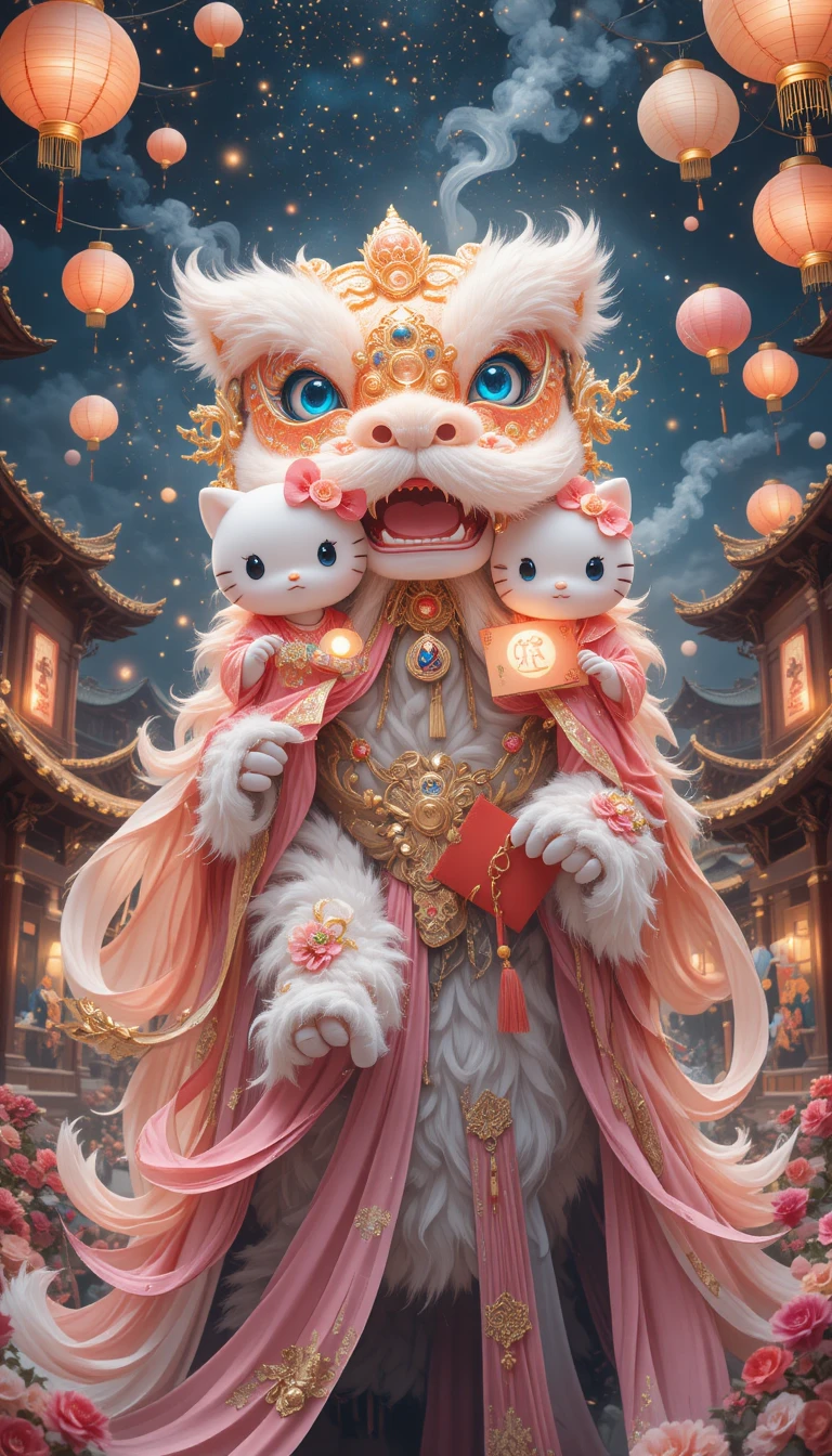 Gatos de desenho animado montando um leão rosa sobre um rio
