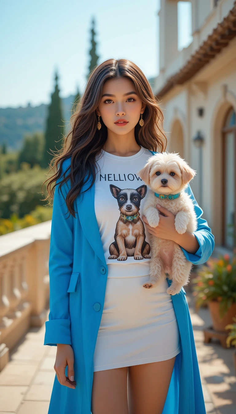 Woman on sunny terrace in blue coat and white outfit