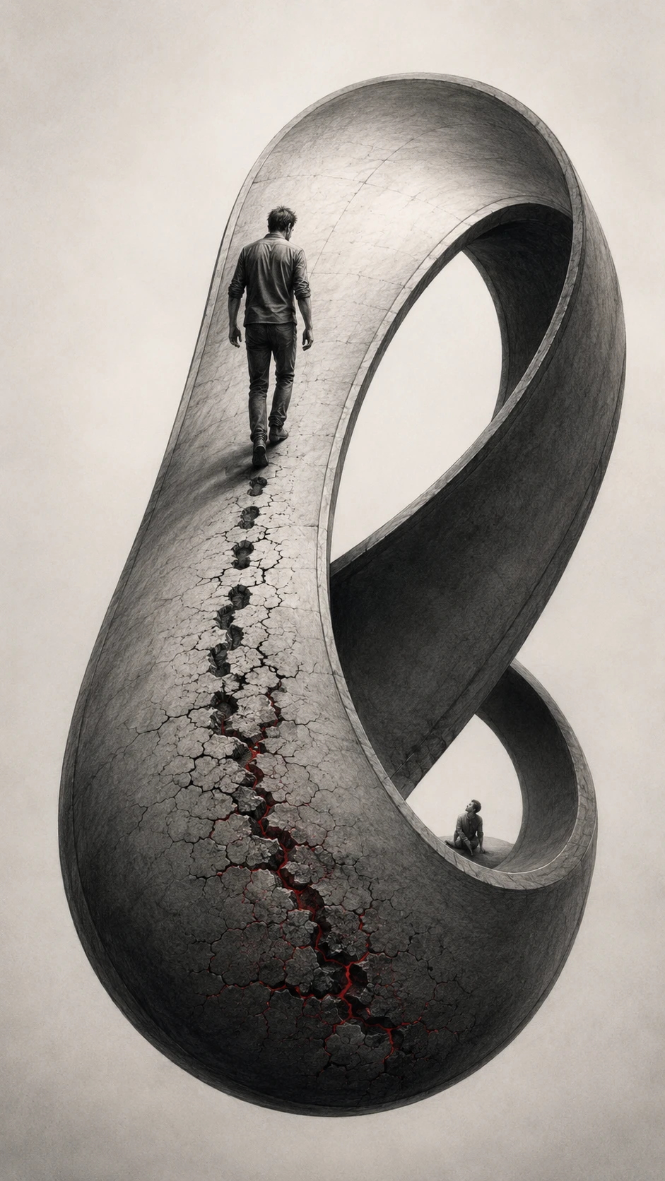 Endless treadmill figure on surreal mobius loop drawing