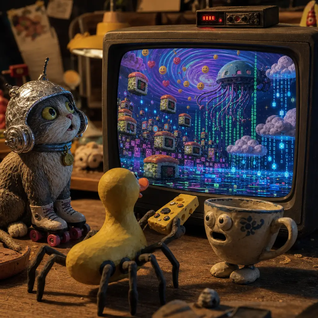Tonfiguren, die einen leuchtenden CRT-Fernseher anschauen