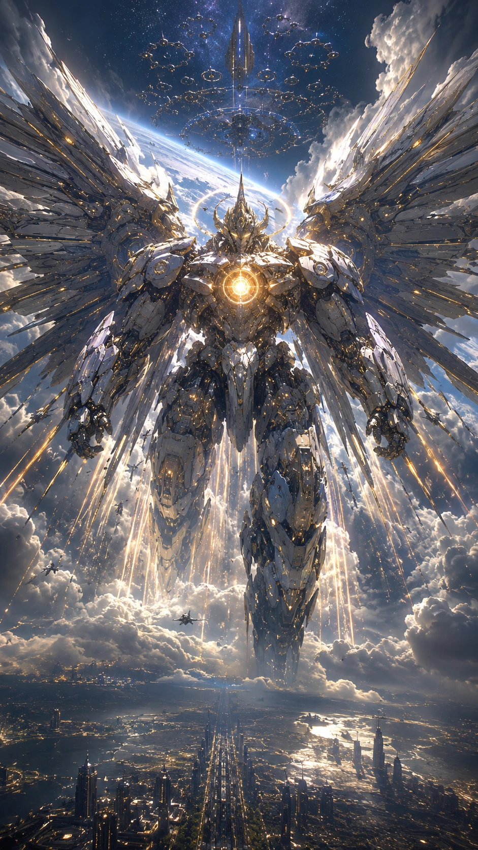 從近地軌道降臨地球的龐大神聖機甲