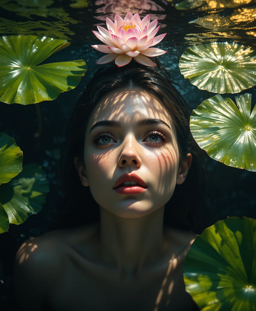 Mulher submersa em água escura com lótus e folhas de lírio-d'água