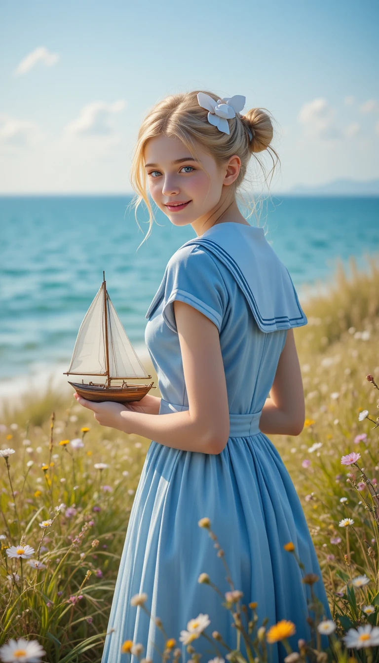 海邊穿著藍色水手服的年輕女孩