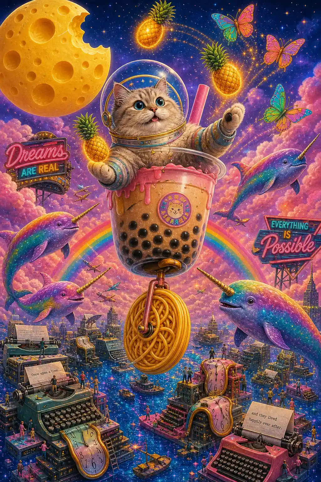 Giant fluffy cat sailing a bubble tea through cotton candy skies