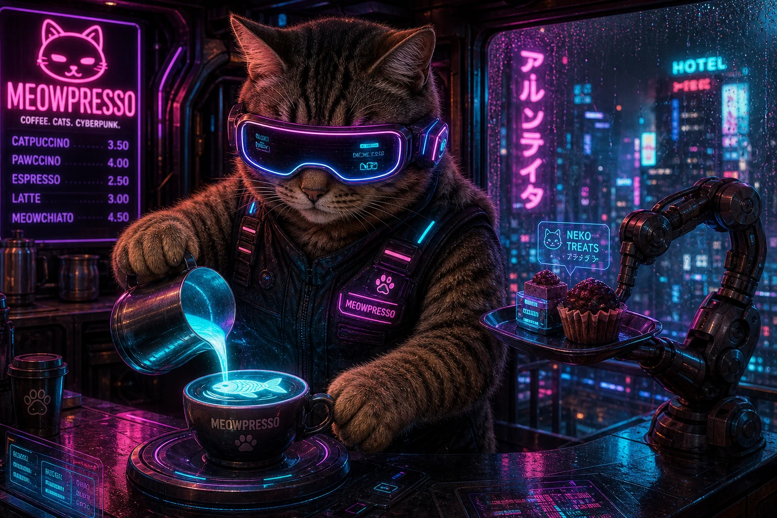 Cyberpunk-Getigerte-Katze-Barista gießt holografische Latte Art ein