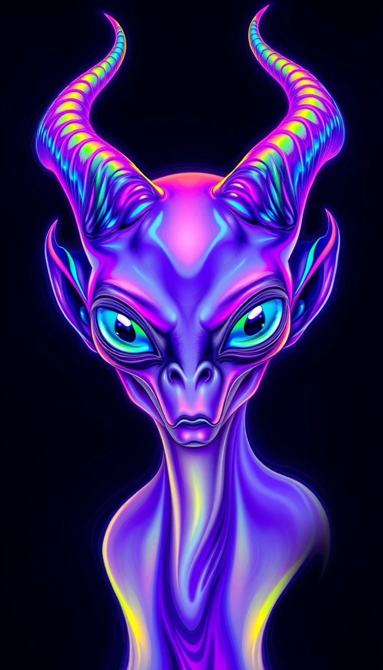 무지개 뿔을 가진 신비로운 보라색 외계인의 초현실적 초상화
