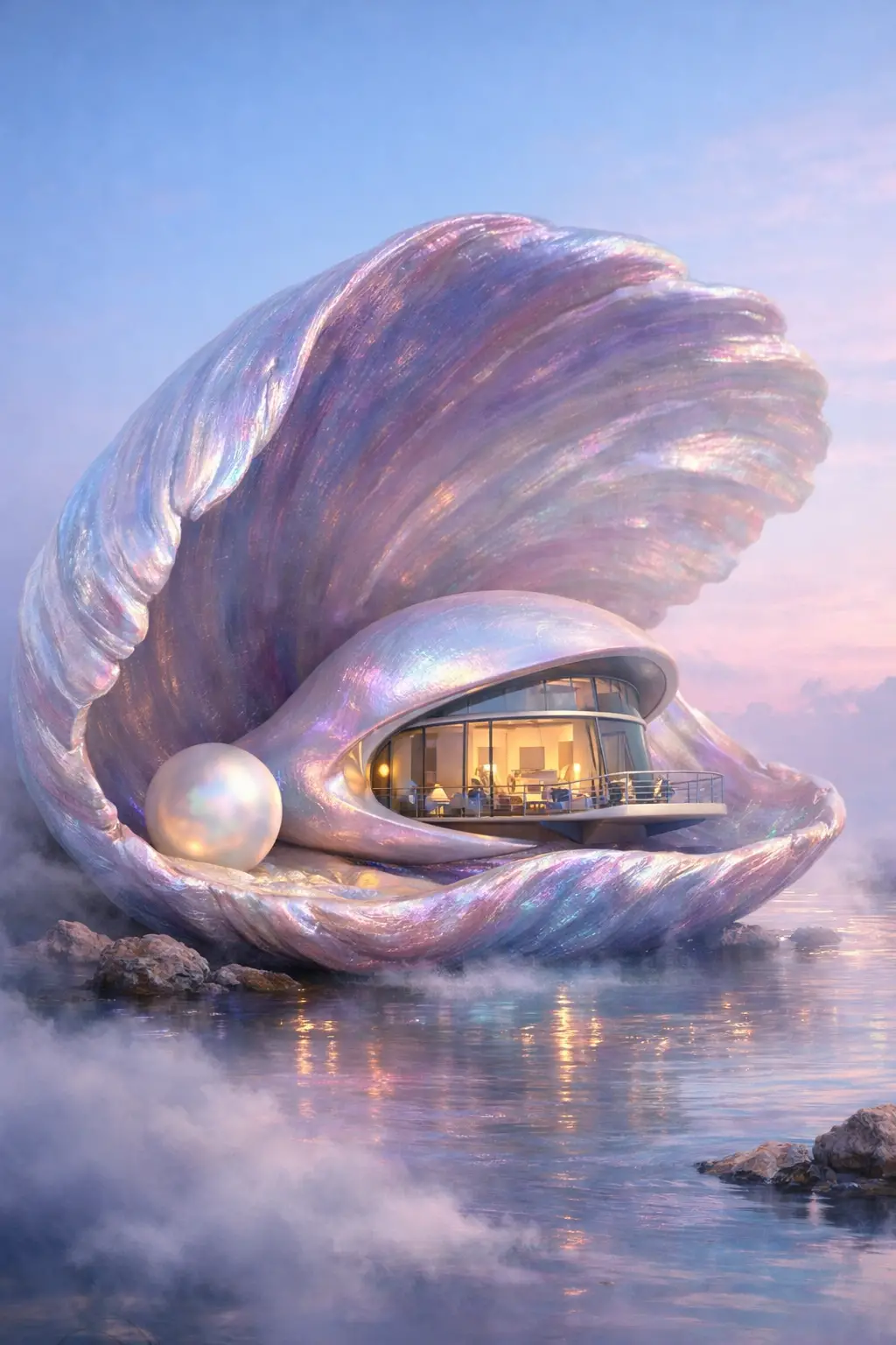 Casa surreale a forma di conchiglia che avvolge un edificio moderno luminoso