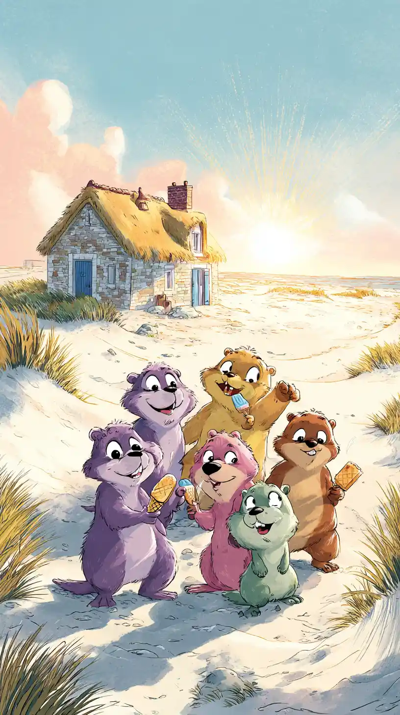 Colorful meerkats enjoying a sunny day at the beach