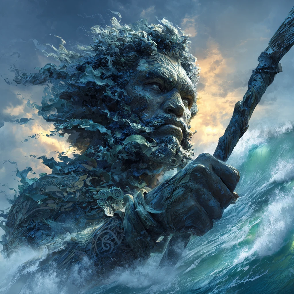 從暴風海浪中升起的海神肖像
