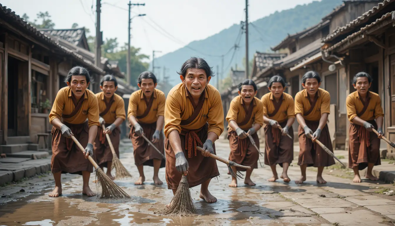 Villagers Playfully Mimic Street Cleaning With Exaggerated Faces