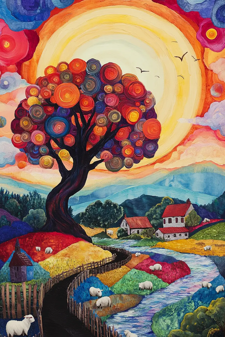 Vibrant fantasy countryside with red tree and glowing sun
