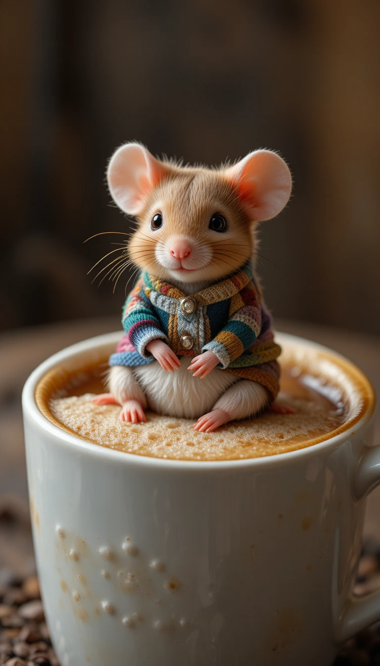 Adorable petite souris se relaxant sur un café mousseux dans une tasse cosy