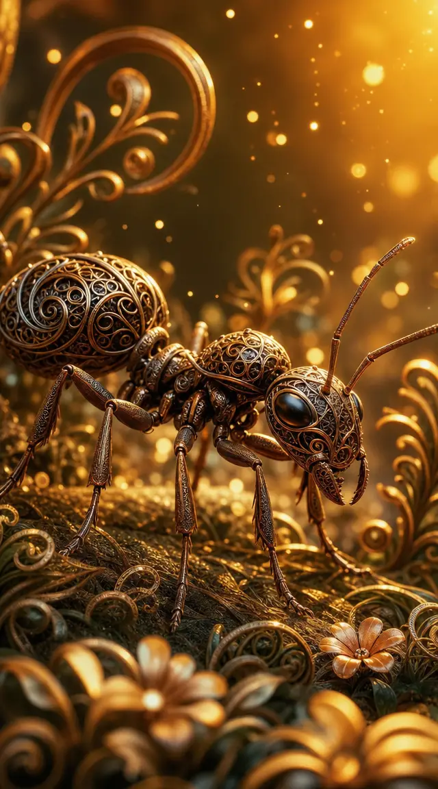 Metallische Ameise im verwunschenen Fantasiegarten aus der Nähe