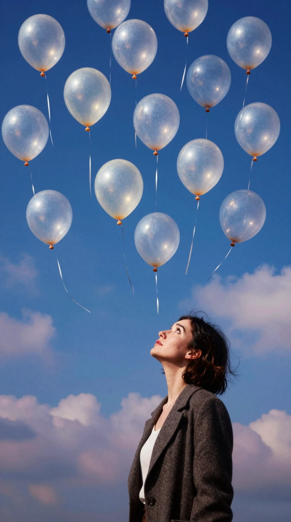 Whimsical woman under a surreal sky of glowing balloons