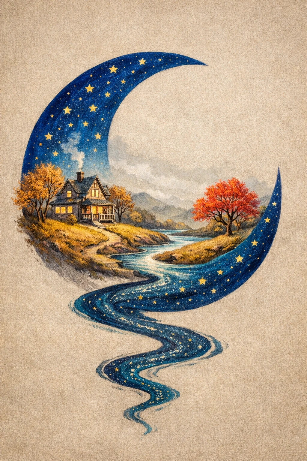 Lua crescente surreal emoldurando uma casa acolhedora na encosta