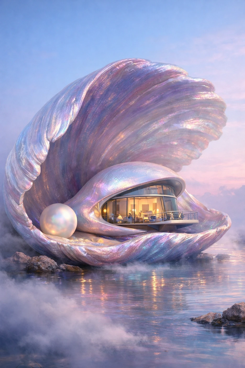 Casa surreal em concha abraçando um edifício moderno luminoso