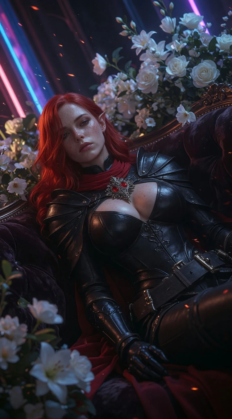 Mulher reclinada em um sofá com iluminação lateral de neon