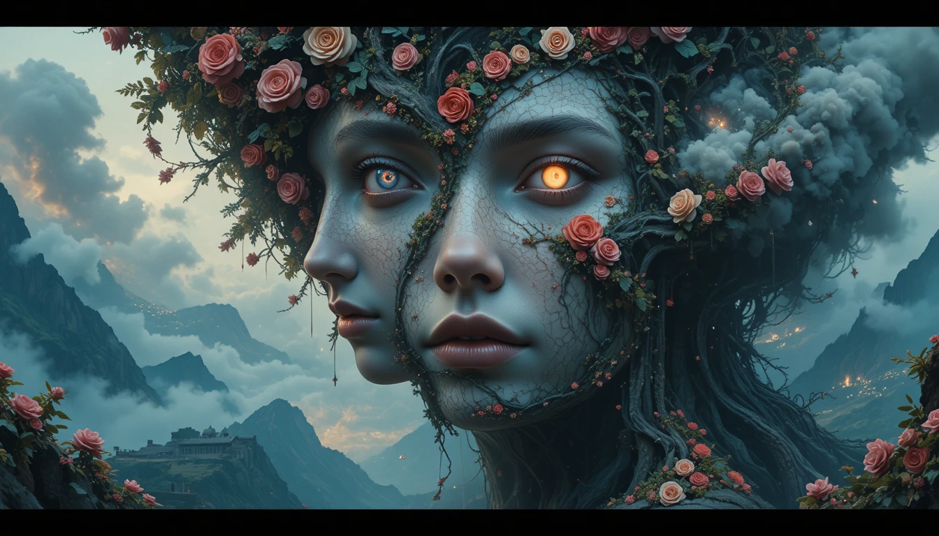Paisagem Surreal de Rostos Humanos Infinitamente sobrepostos
