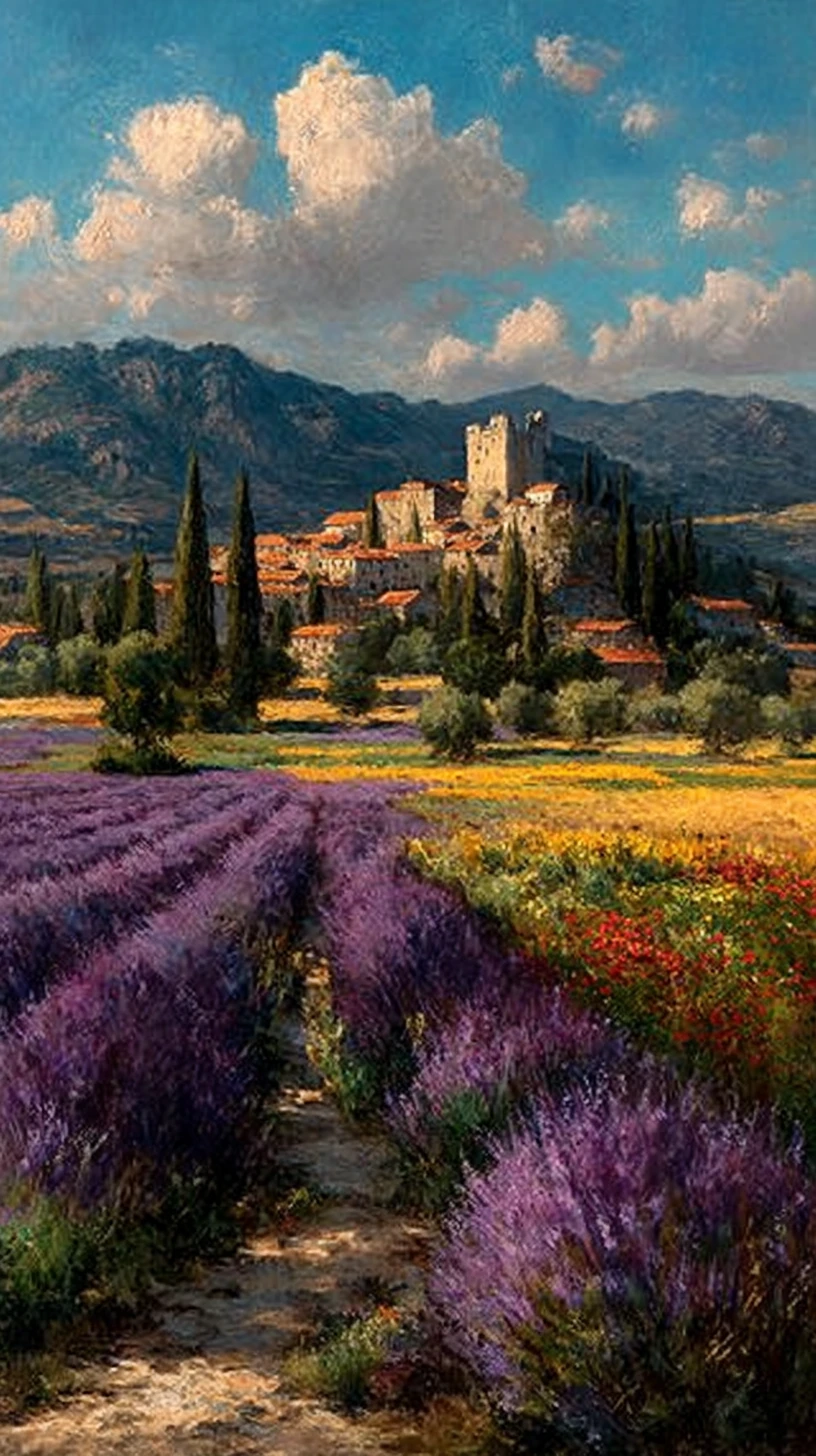 Campi di lavanda all’ora d’oro nella campagna mediterranea