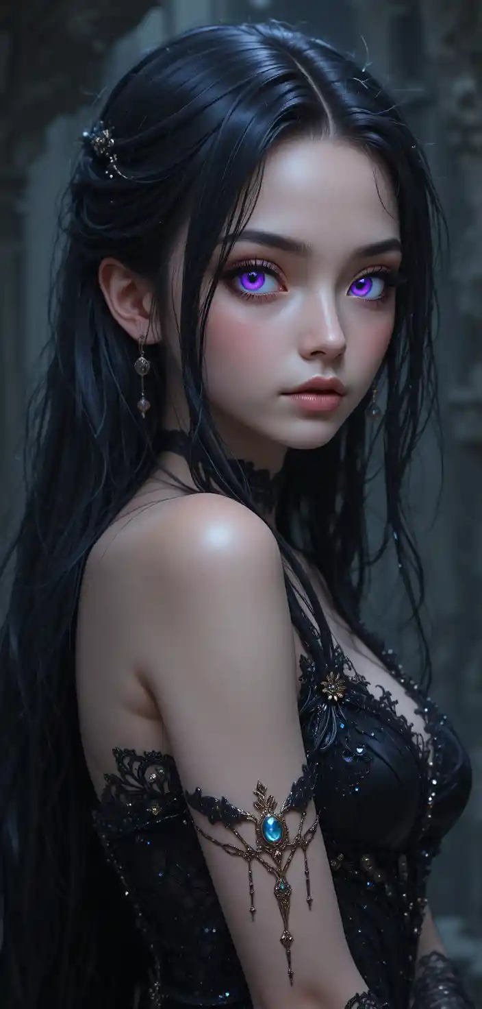 빛나는 보라색 눈을 가진 어두운 애니메이션 영혼 소녀