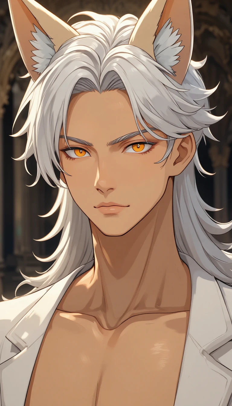 Homme d’anime élégant aux oreilles de renard, cheveux argentés et queues