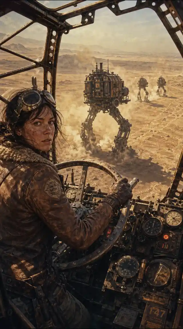 Dieselpunk walker cockpit view over endless desert abyss