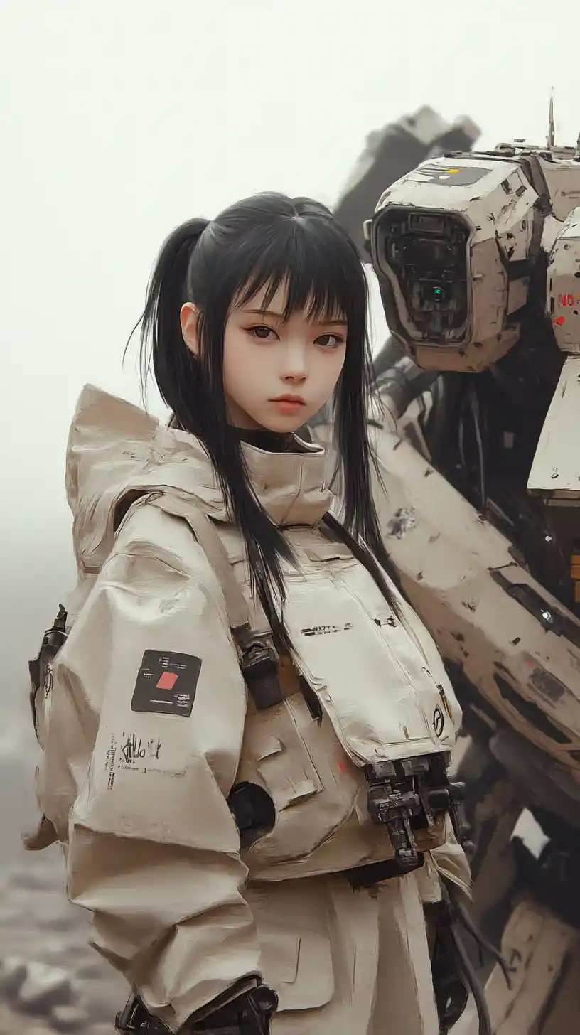 Garota de casaco tático diante de enorme mecha sci‑fi