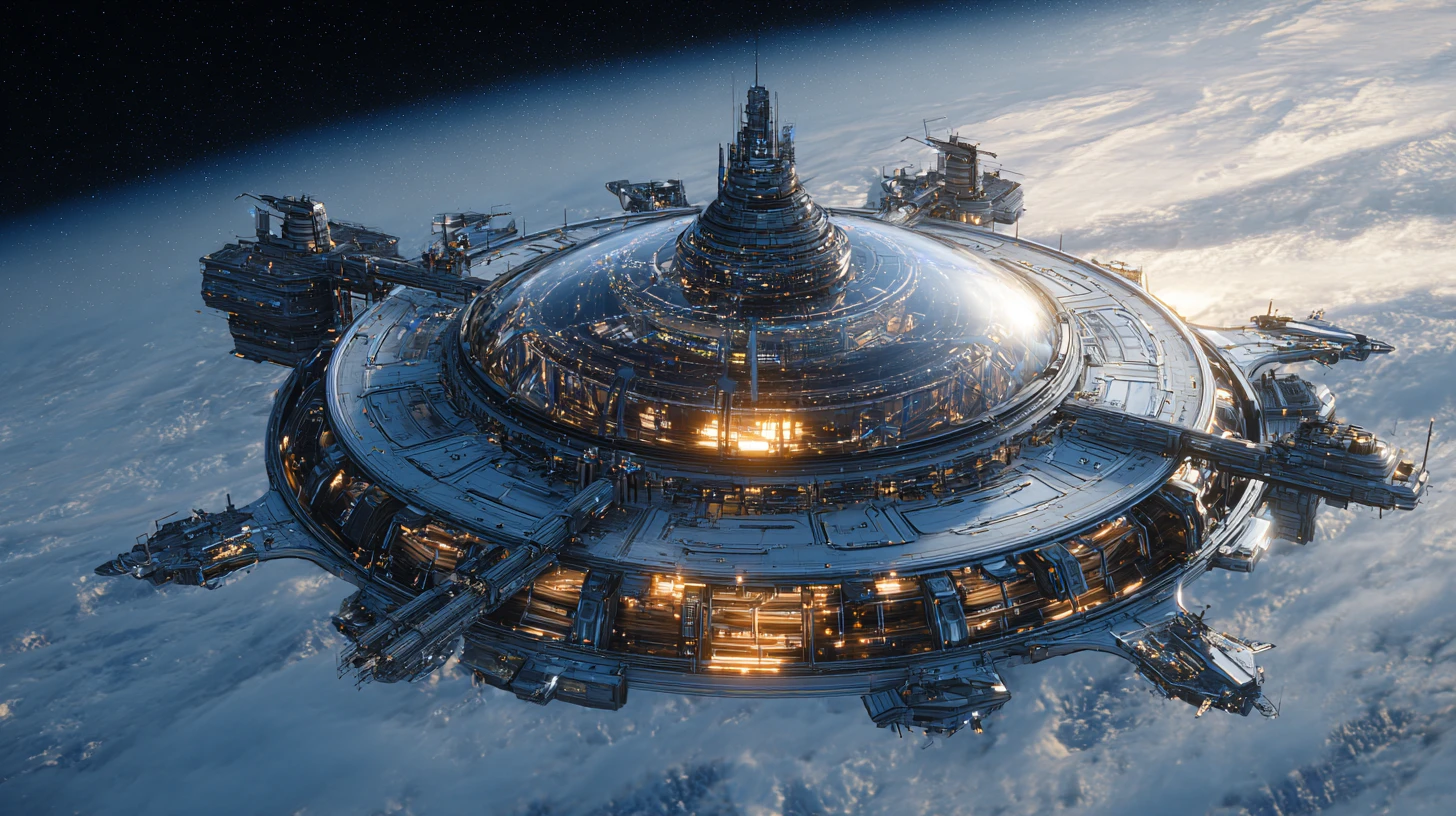 Majestueuse station spatiale orbitale avec dôme lumineux