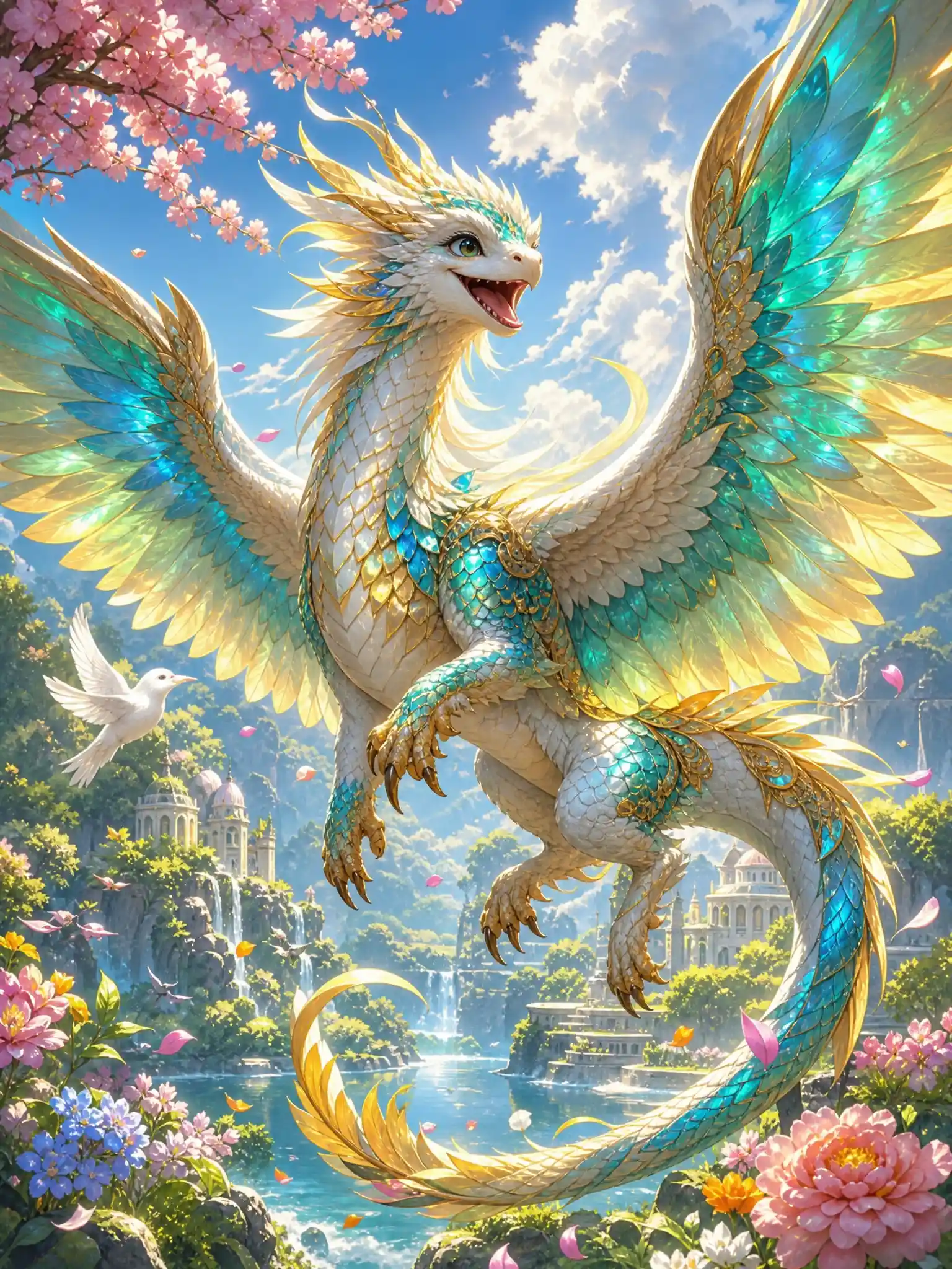 春日奇幻景觀中的空靈龍鴿生物