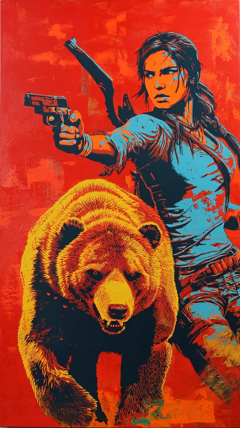 Guerreira enfrentando um urso em estilo de quadrinhos ousado
