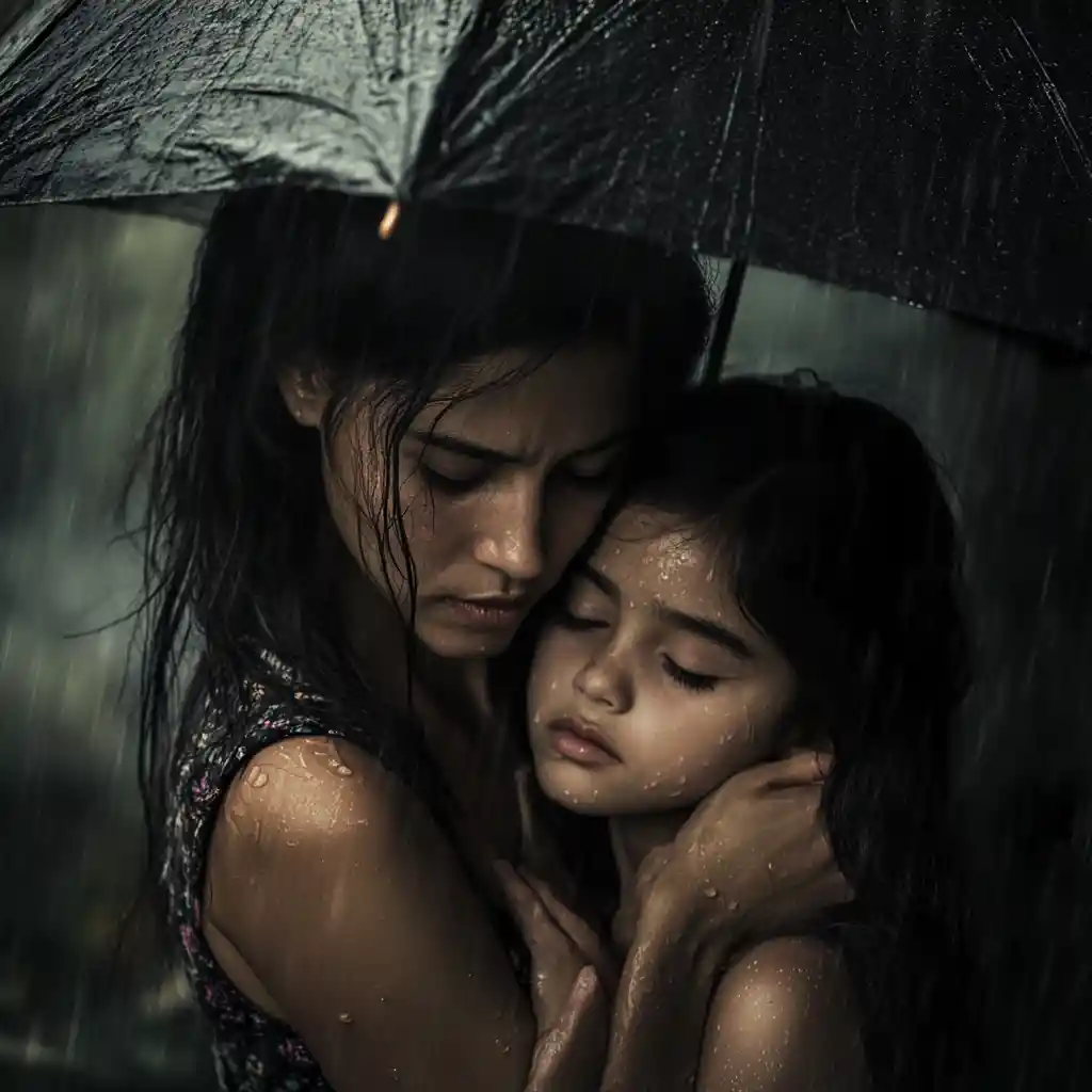 Mother and daughter huddled together under a torn umbrella