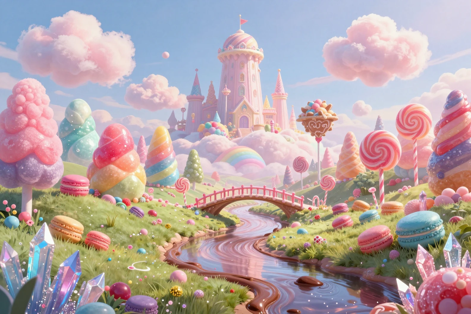 Pastel candy forests and chocolate river fantasy landscape