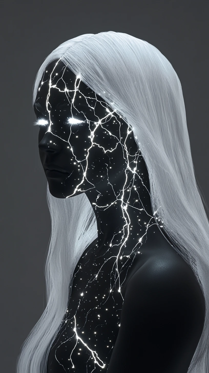 Ethereal obsidian woman with flowing white hair in profile