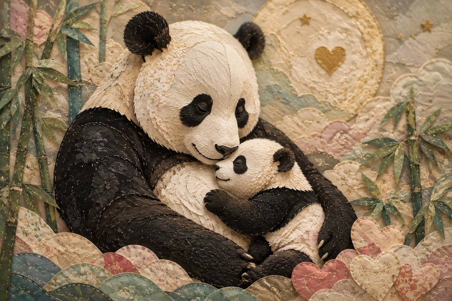 Zartes Papier-Collagebild eines Baby-Pandas, der sich an seine Mutter kuschelt