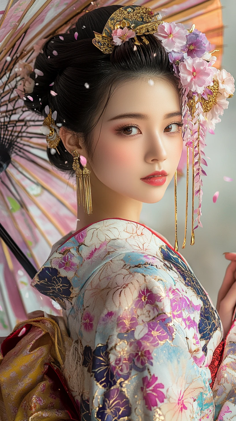 Japanische Frau im floralen Kimono mit Kirschblüten-Haarschmuck