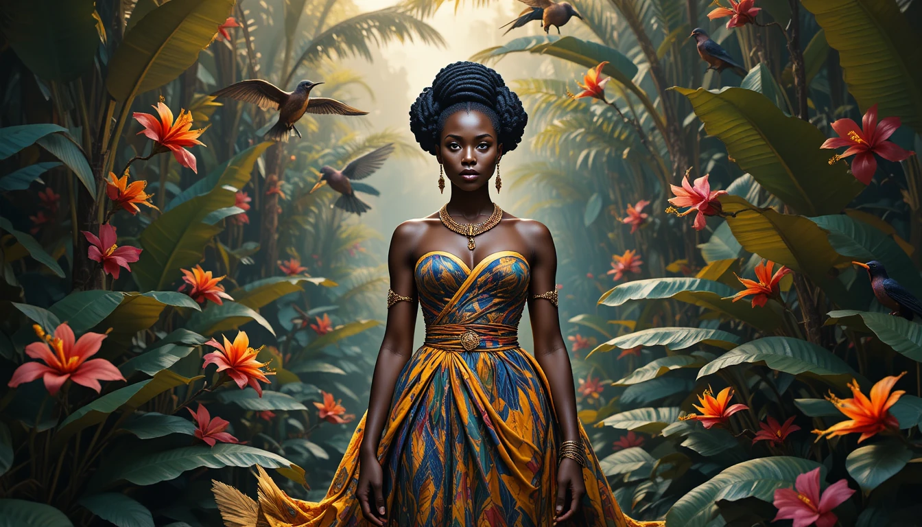 Dea africana in abiti couture tra fogliame tropicale