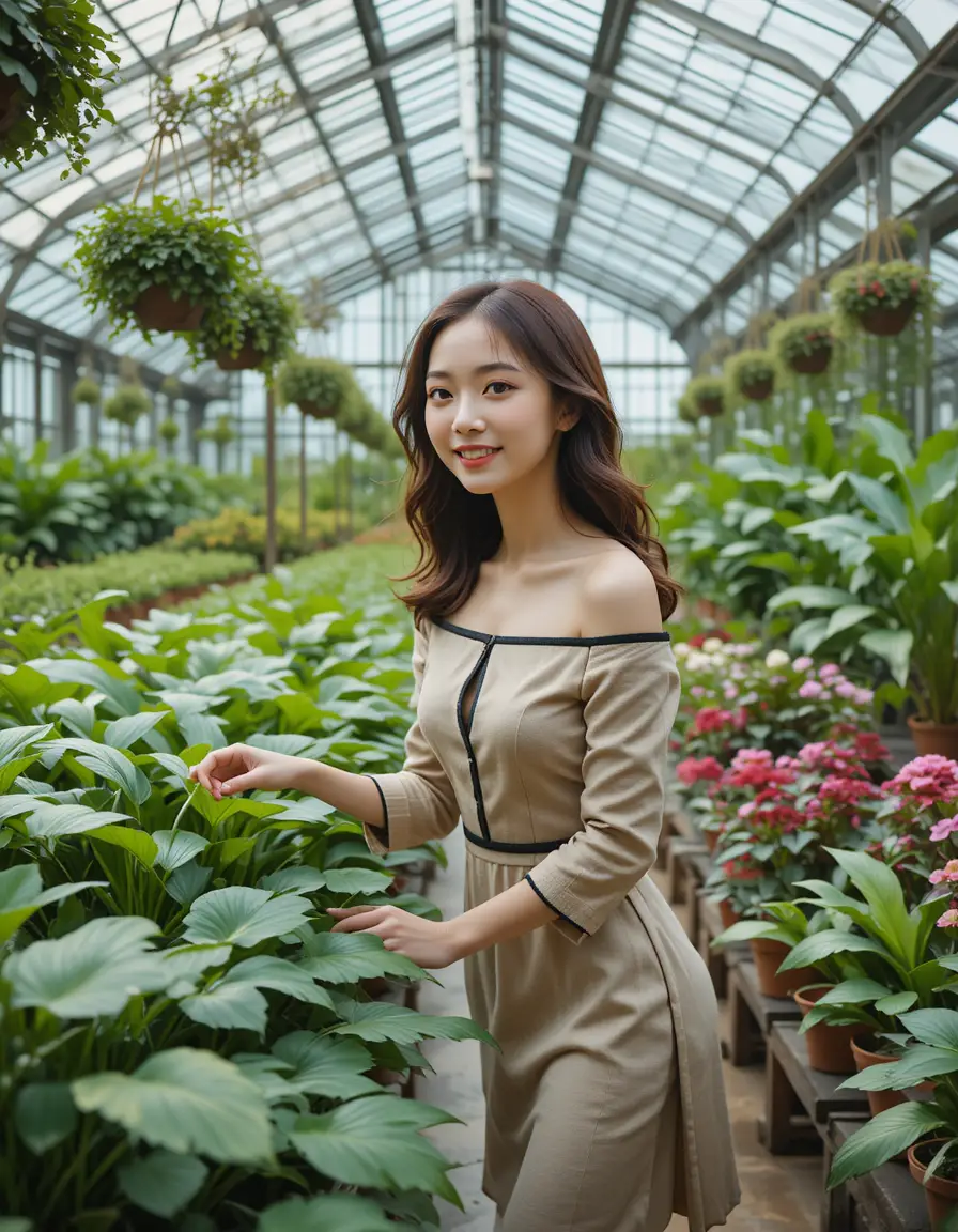 陽光溫室裡挑選植物的韓國女大學生