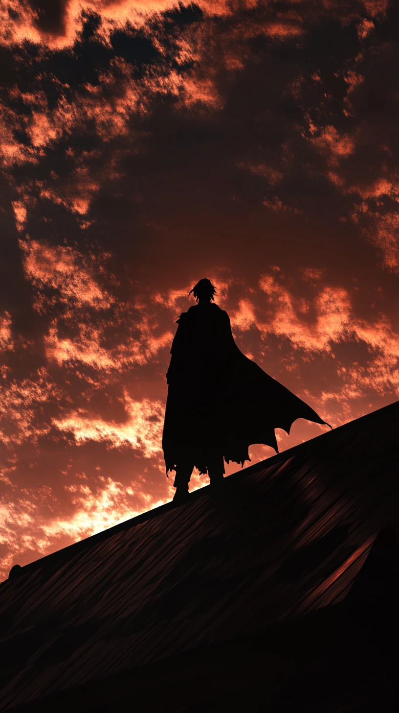 Figura oscura su un tetto al tramonto sopra la città