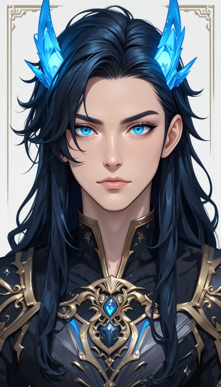 青い角と光る瞳を持つファンタジー男性（アニメ風）