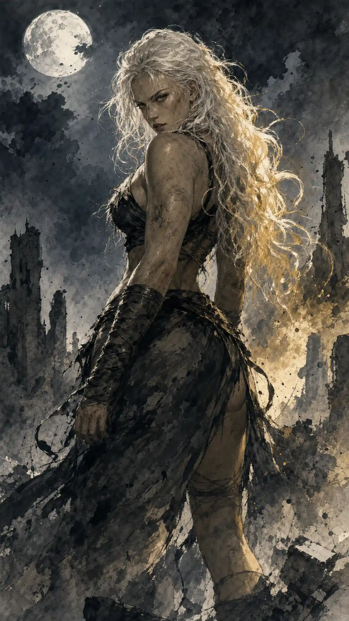 Fierce nordic warrior woman in moonlit ruined landscape