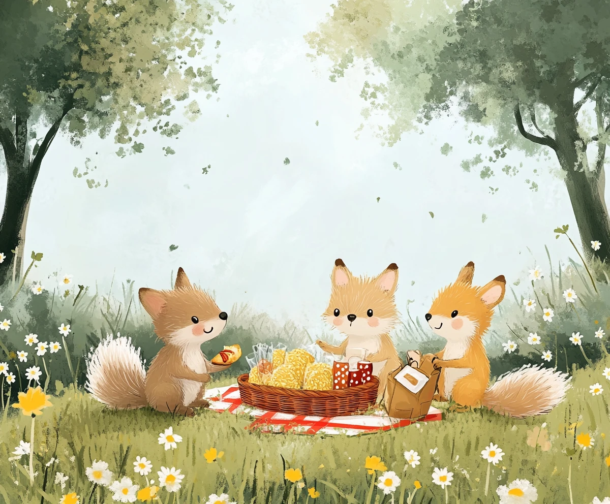 Gioiosi elfi del bosco che fanno un picnic in un campo di mais