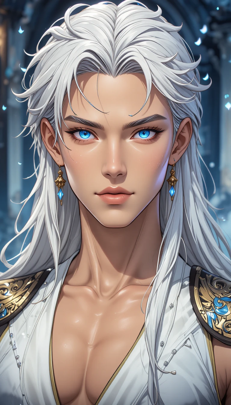 Homem de anime elegante com cabelo branco e olhos azuis