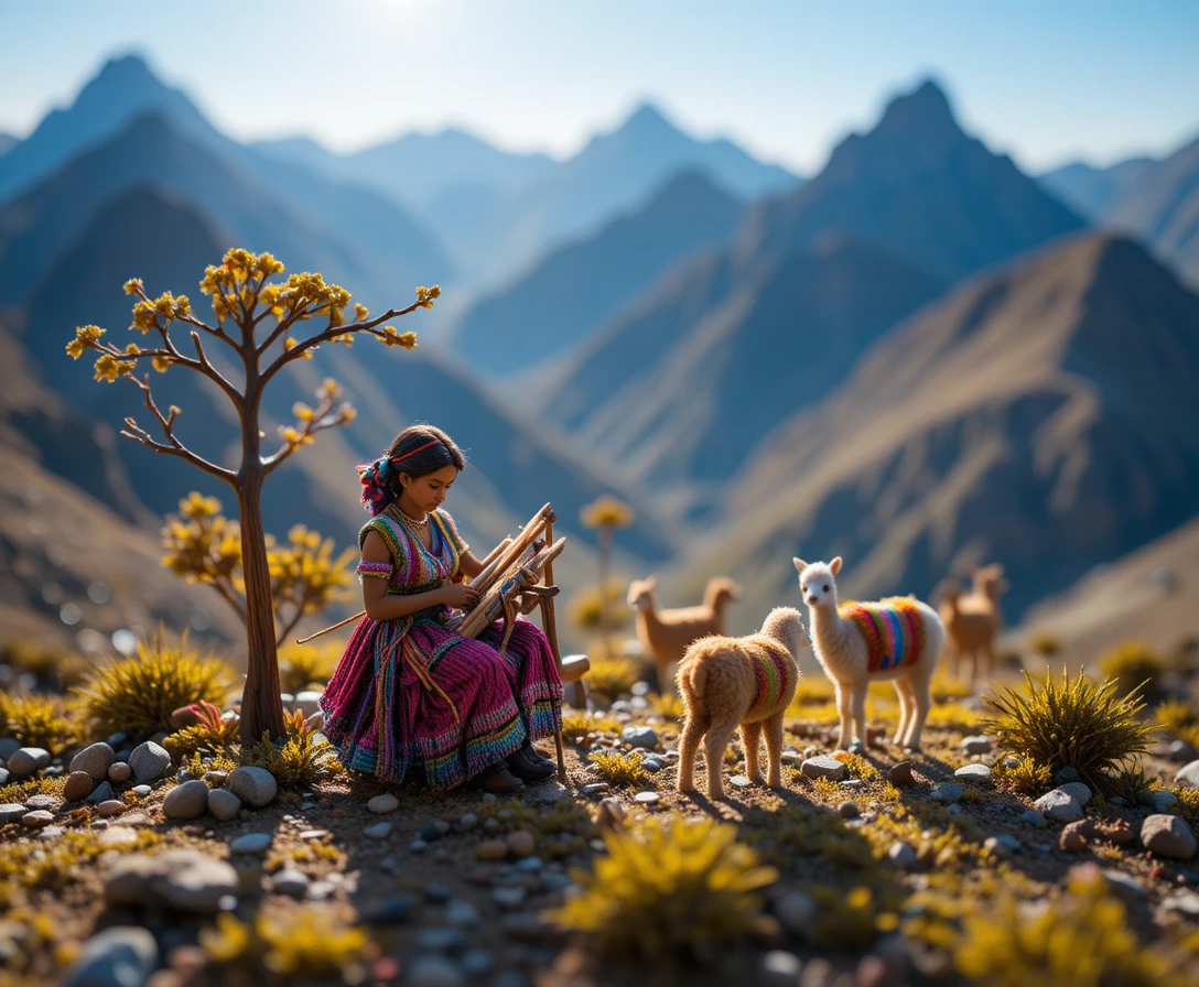 Minuscola tessitrice andina in un diorama di villaggio di montagna illuminato dal sole