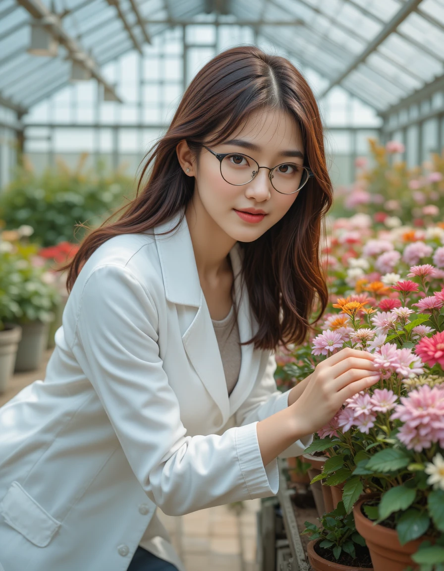 Donna giapponese curiosa che studia fiori in una serra