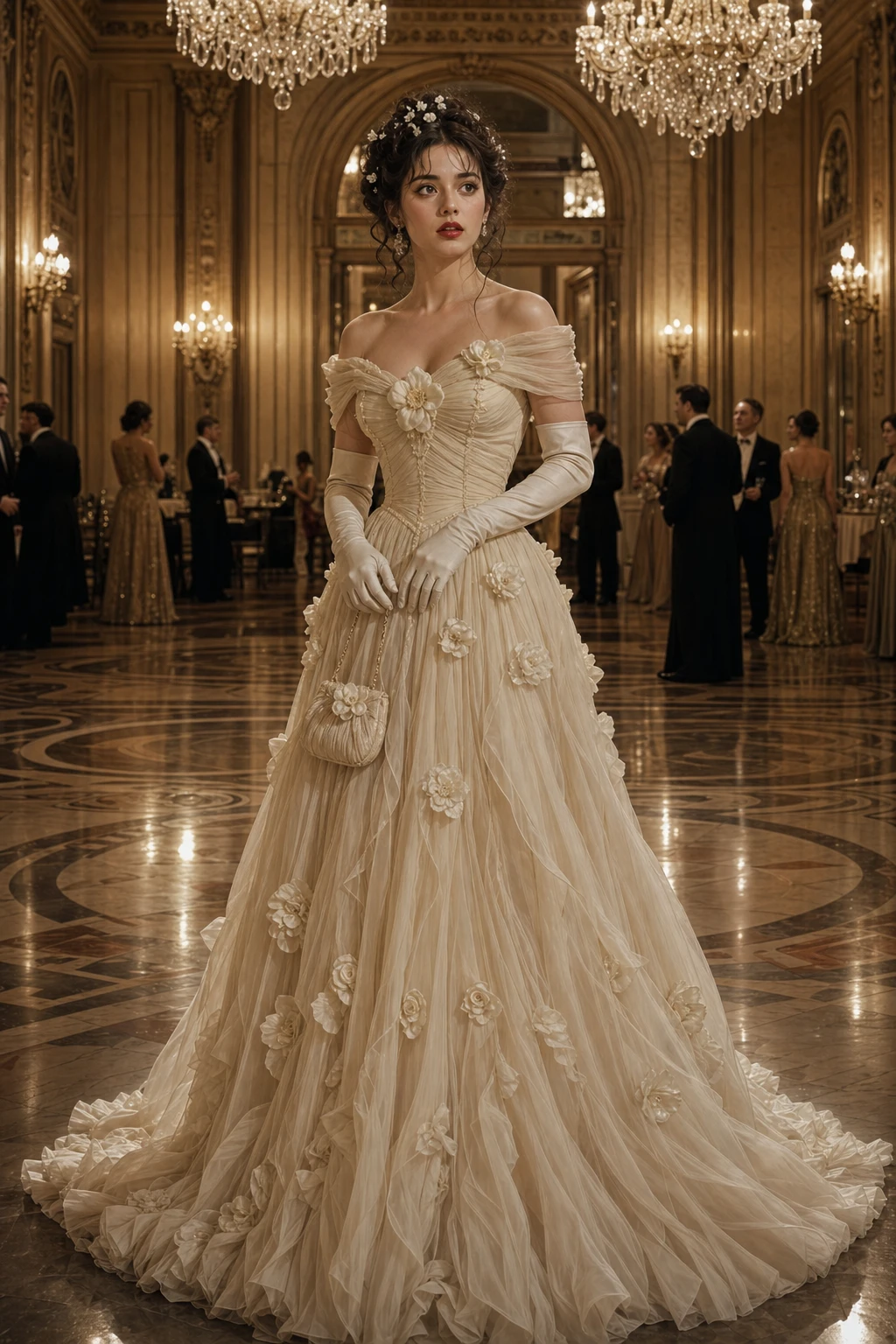 Elegante Frau im cremefarbenen Kleid beim Balltanz in einer Villa