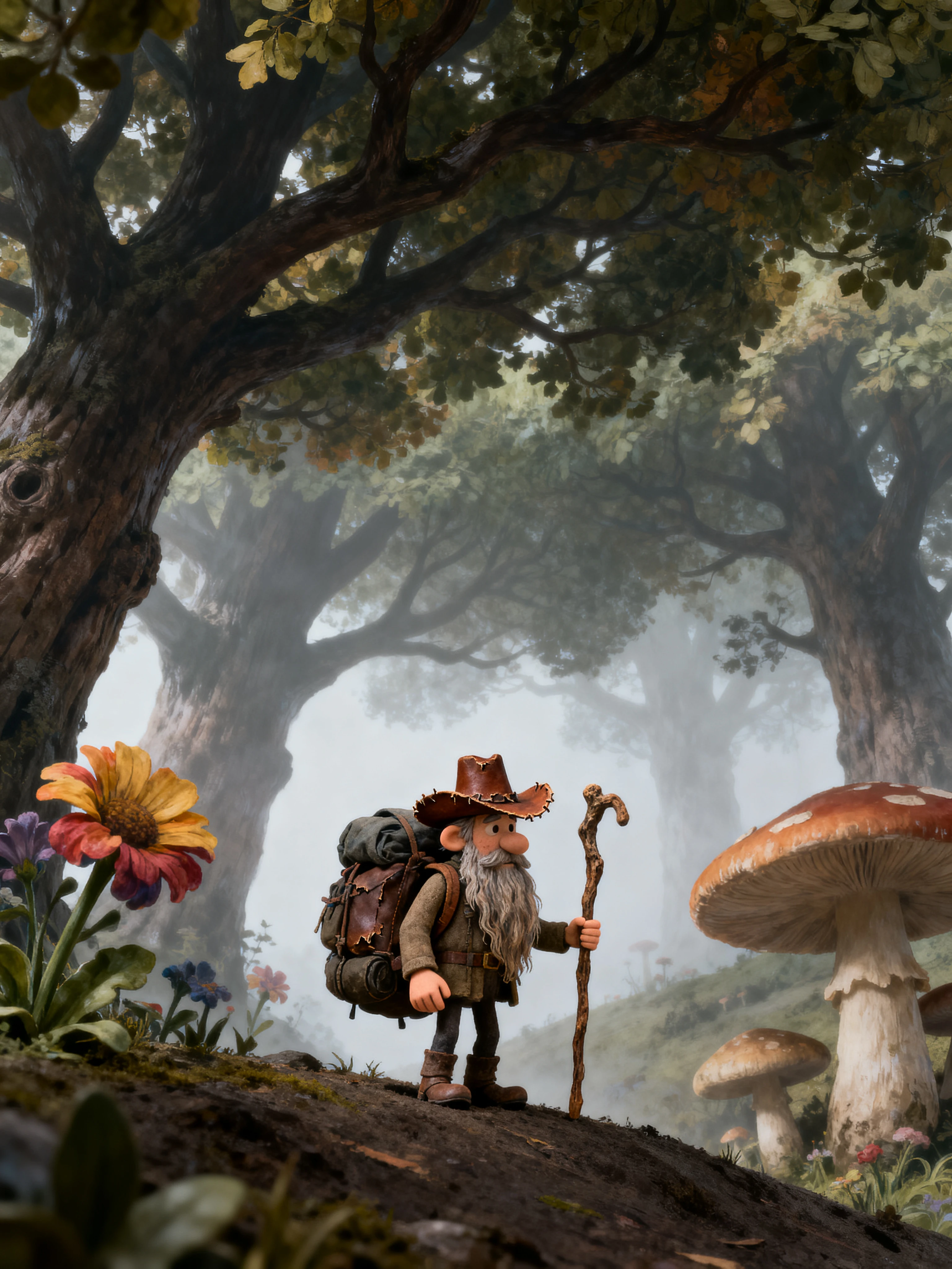 Pèlerin miniature marchant dans une forêt enchantée surréaliste