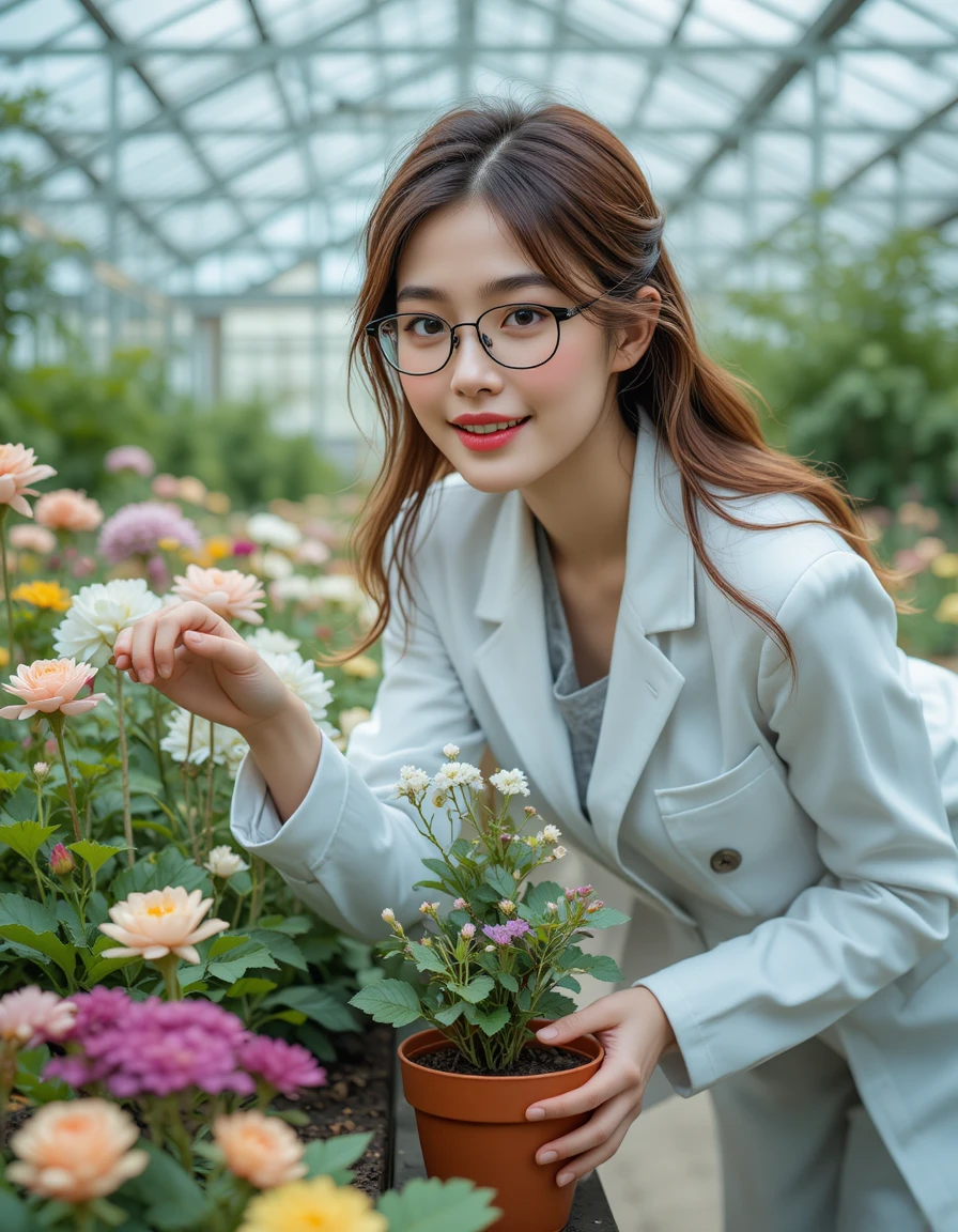 Studentessa giapponese che esamina fiori in una serra conservatoria