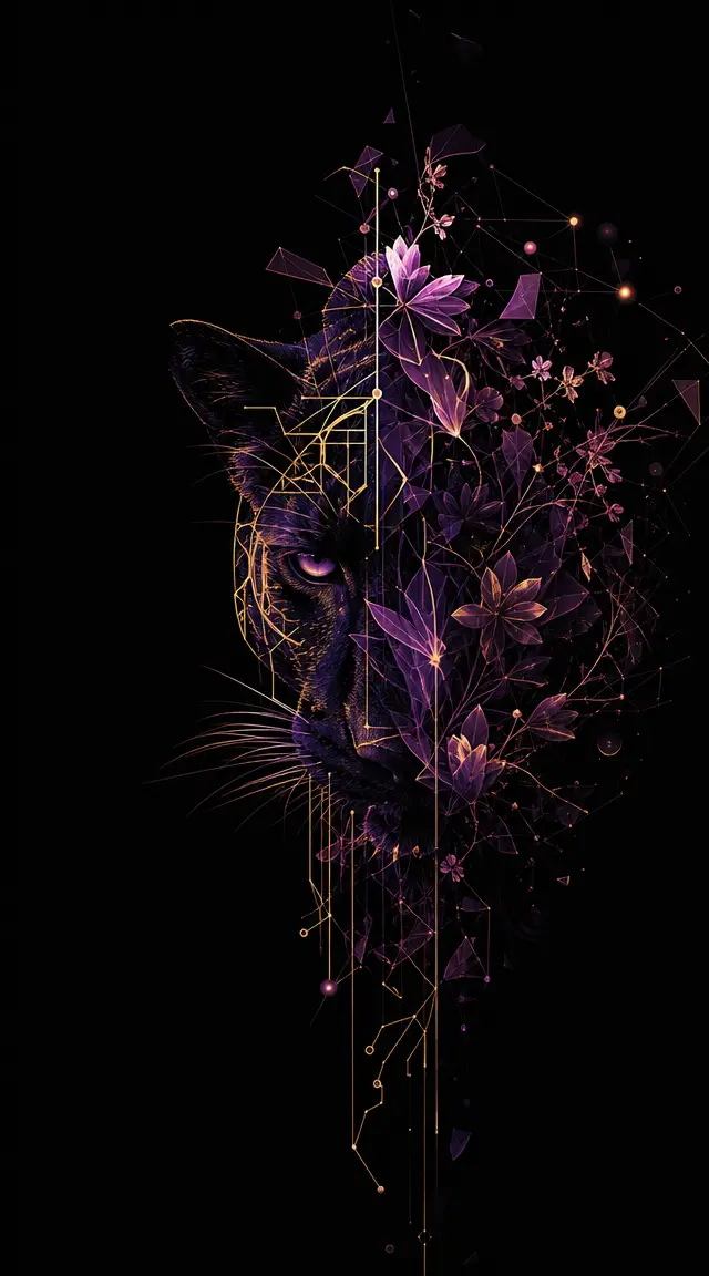 Fragmented panther dissolving into abstract neon floral forms